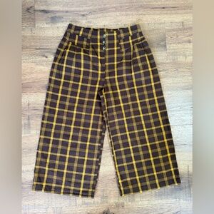 UMGEE Plaid Wide-Leg Cropped Pants Brown and Yellow Elastic Waist Hig Rise